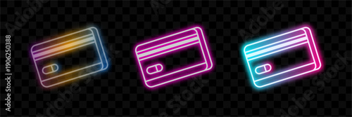 Neon Credit Cards Set, Glowing Payment Cards, Digital Finance Technology