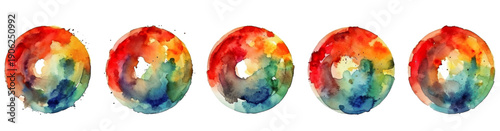 Set farbige Aquarell Kreise. Runder Vektor Aquarell in Regenbogen Farben. Bunte und farbenfrohe Kreise als  Hintergrund mit gelber, blauer, roter und grüner Tinte für Umwelt und Diversität Konzepte.