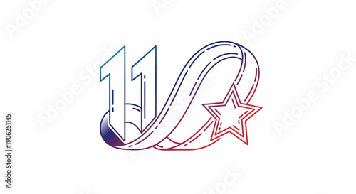 Modern graphic design featuring the number eleven with a vibrant gradient ribbon and star symbol