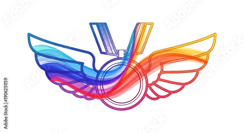 Vibrant abstract symbol combining medal, wings, and wheelchair icon representing inclusion and
