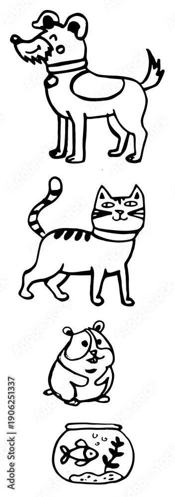 Obraz premium Original hand-drawn pets illustration set: dog, cat, hamster, and goldfish in a bowl. Clean black line art on white background.