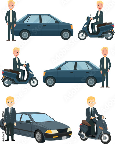 Professional businessman character set with blond hair standing by sedan car and riding motor scooter for urban transportation vector illustration