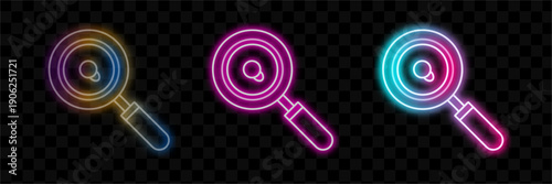 Neon Magnifying Glasses Set, Search Icons, Investigation Tools Vector Illustration