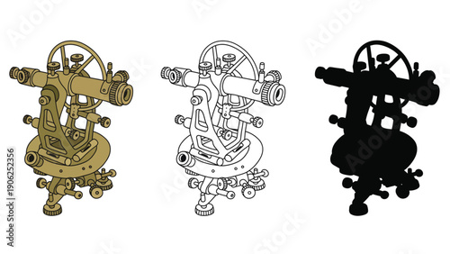 Theodolite vector illustration set including color, line, and silhouette styles