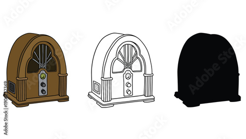 Radio vintage illustration with brown, line, and black silhouette versions