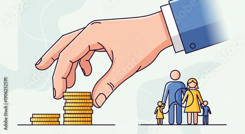 Hand stacking coins near family representing financial planning and security for loved ones