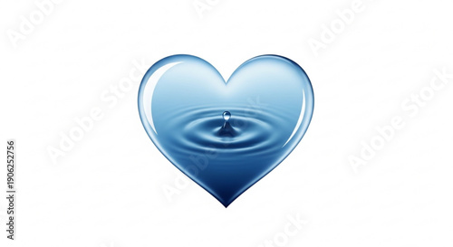 Heart shaped water droplet creating ripples on a liquid surface with a soothing blue gradient