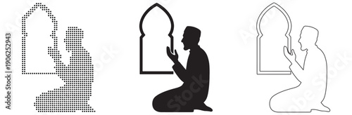 Man praying in traditional Islamic attire by a decorative archway, conveying devotion and spiritual peace.