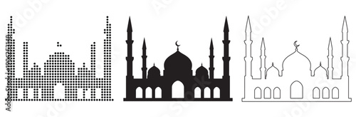 Diverse artistic representations of a mosque silhouette