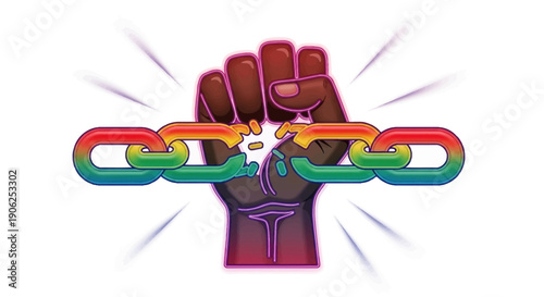 A powerful fist breaks rainbow chains symbolizing freedom, unity, and overcoming oppression
