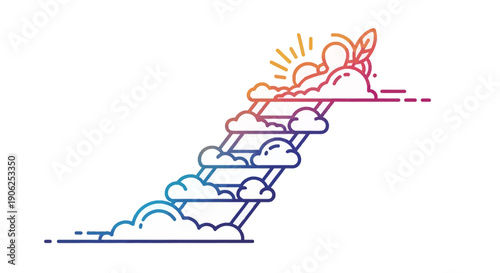 Conceptual gradient illustration of a cloud ladder reaching towards sunshine symbolizing progress