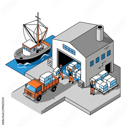 Warehouse workers unloading cargo from ship to truck.