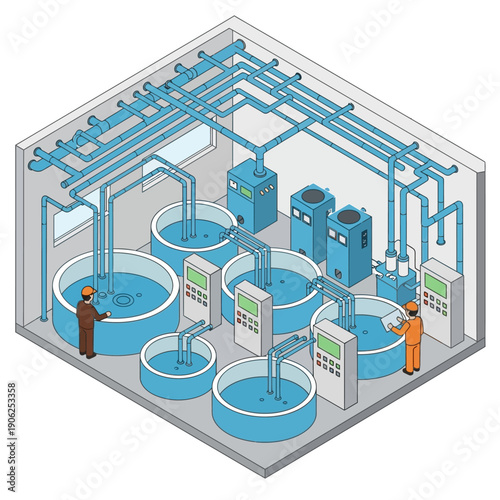 Industrial water treatment facility with workers and equipment.