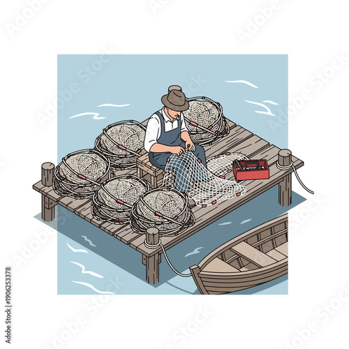 Fisherman repairing fishing nets on a wooden dock by the water.