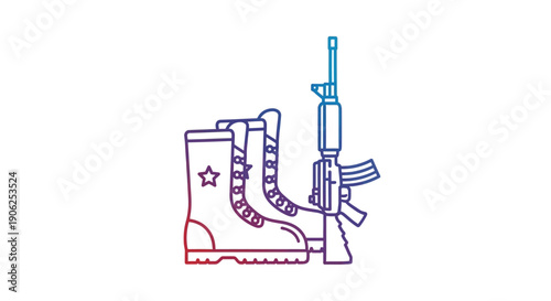 Stylized military combat boots and assault rifle line art with gradient color transition on a