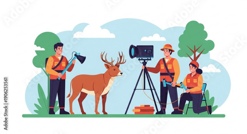Film crew capturing wildlife footage of a deer in a natural setting with camera equipment