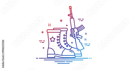 Modern gradient line art icon depicting military combat boots and an assault rifle representing