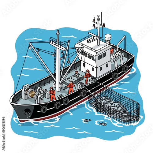 Fishing boat with crew hauling in a large catch of fish.