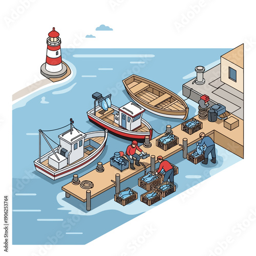 Isometric illustration of a bustling harbor with boats and workers.