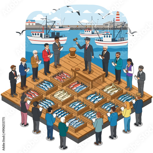 Fish Market Scene with Auctioneer and Buyers on a Dock.