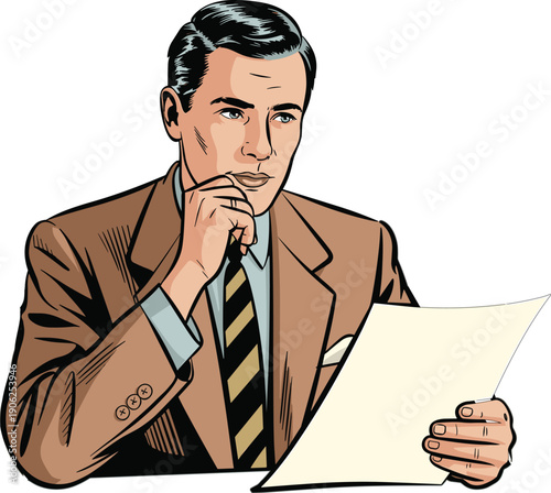 Professional pensive businessman in brown suit and striped tie holding and reading a document or important contract vector illustration isolated on white background