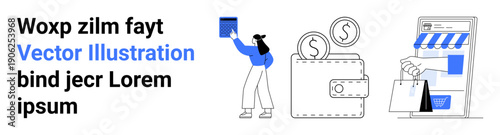 Online shopping, digital transactions, e-commerce security, digital wallet management, financial savings, retail marketing. Woman holding item, wallet with coins storefront. E-commerce and digital