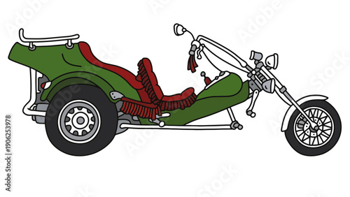 Motorcycle tricycle vector illustration with red seats and green body