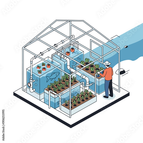 Isometric illustration of a person tending to plants in a hydroponic greenhouse.
