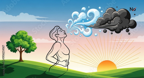 Person breathing fresh air from nature with clean lungs and rejecting pollution