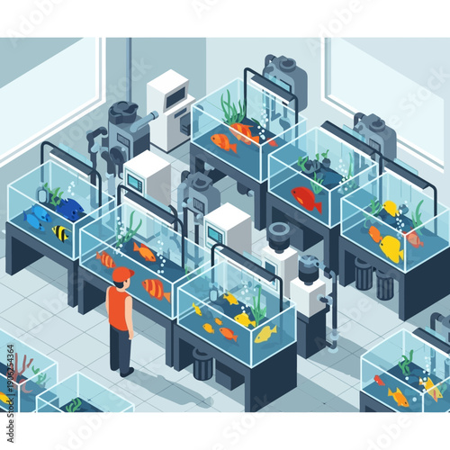 Aquatic Research Facility with Multiple Fish Tanks and Scientists.