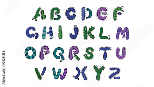 Alphabet letters with cartoon caterpillar characters on a white background.