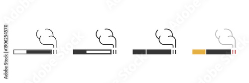 Set of minimalist smoking cigarette icons with transparent background, depicting burning tobacco, smoking habit, health warning symbols, vector illustration