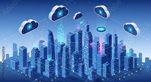 Futuristic cityscape with cloud computing and ai technology modern skyscrapers and neon lights at dusk representing innovation and digital transformation in a metropolitan