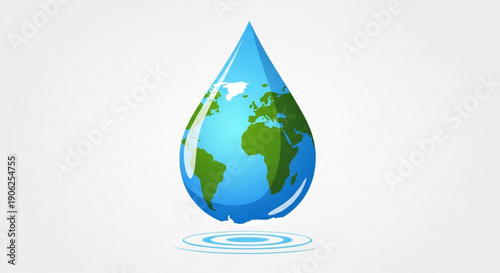 Earth globe in a water drop with ripples on white background symbolizing environmental conservation and sustainability