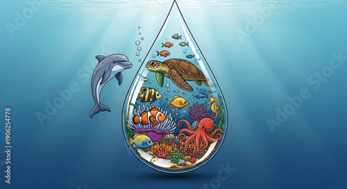 Vibrant underwater scene with dolphin and teardrop aquarium filled with tropical fish sea turtle and colorful coral against a gradient blue ocean background