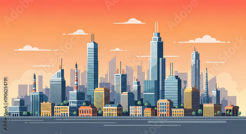 City skyline with modern skyscrapers and buildings at sunset urban landscape with orange sky and clouds