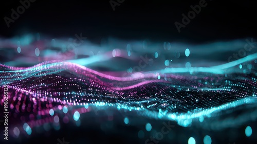 Abstract Wavy Landscape with Purple and Blue Glowing Particles on a Dark Background