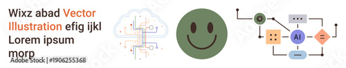 Artificial intelligence, cloud computing, data flow, machine learning, workflow design, positivity. Graphic elements with circuits, AI workflow symbols and happy icon. AI and cloud computing theme