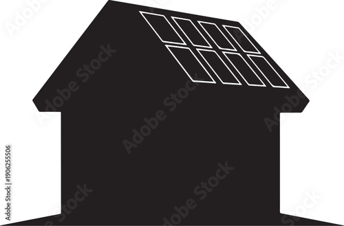 Minimalist house with solar panels on roof isolated on white background