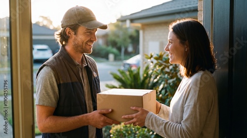 Delivery-man courier Handing Package to Smiling Customer at Front Door