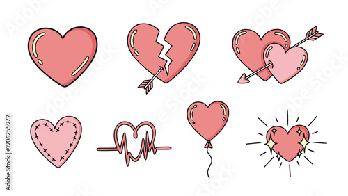 Collection of cute pink heart illustrations with different romantic and medical themes