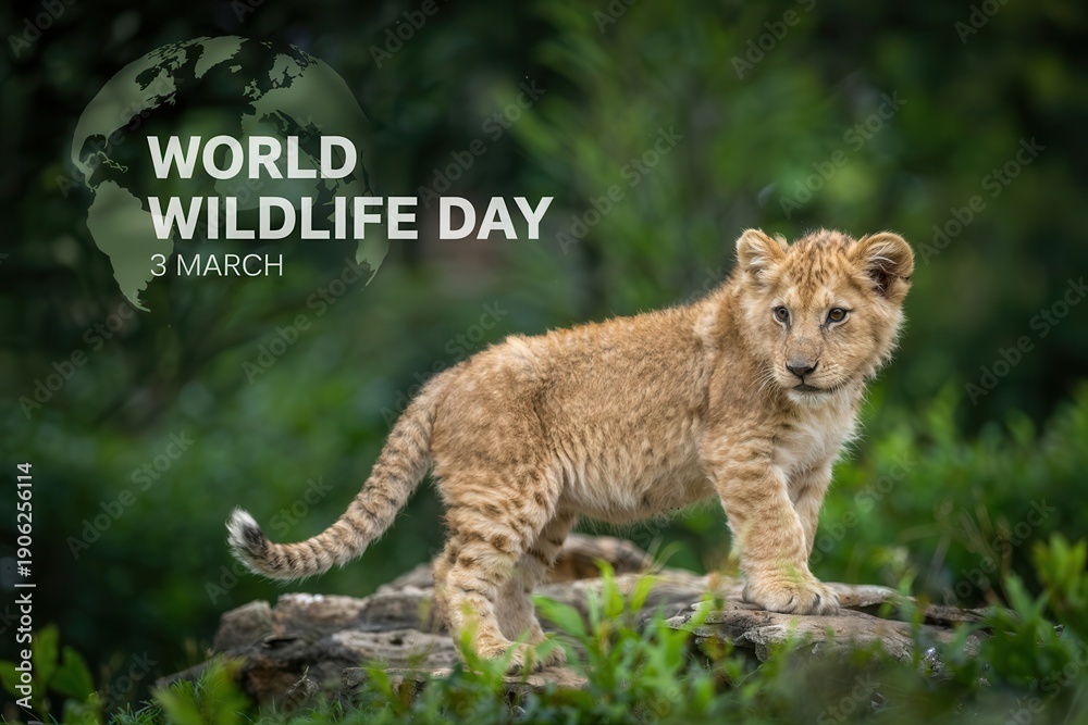 Obraz premium World wildlife day 3 march greeting card with cute lion cub in nature background