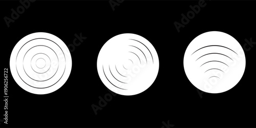 Sound wave vector icons. Circle radar or sonic sonar signals, pulses. Speaker with noise energy in air graphic. Round radio frequency. Abstract radial vibration symbol on white background. Loud scan.