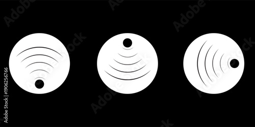 Sound wave vector icons. Circle radar or sonic sonar signals, pulses. Speaker with noise energy in air graphic. Round radio frequency. Abstract radial vibration symbol on white background. Loud scan.