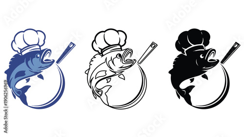 A cartoon fish wearing a chef's hat is jumping out of a frying pan.