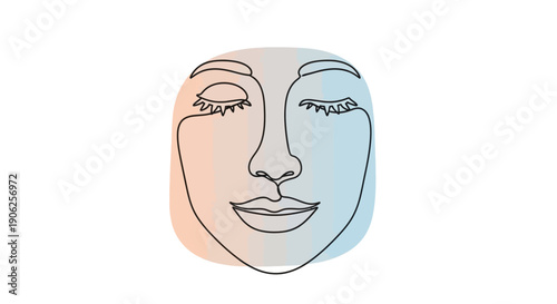 Minimalist continuous line art drawing of a serene female face with closed eyes and soft gradient