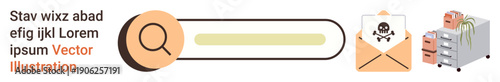 Cybersecurity, online safety, phishing prevention, data encryption, spam detection, identity protection. Mail with a skull icon, magnifying glass and data storage. Cybersecurity and spam detection