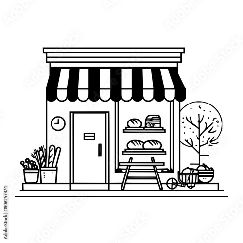 Illustration of a bakery shop with striped awning bread display plants and a bicycle outside the store