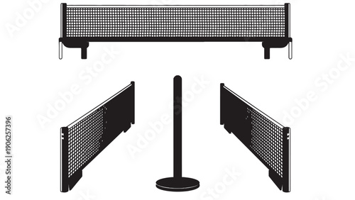 A ping pong table net and posts are shown from multiple angles.