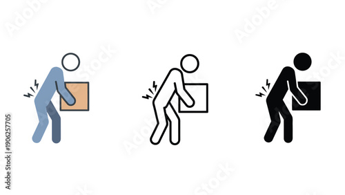 Three icons depicting a person lifting a box with back pain.